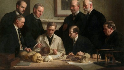 Group portrait of the Piltdown skull being examined. Back row (from left): F. O. Barlow, G. Elliot Smith, Charles Dawson, Arthur Smith Woodward. Front row: A. S. Underwood, Arthur Keith, W. P. Pycraft, and Ray Lankester. Note the portrait of Charles Darwin on the wall. Painting by John Cooke, 1915.
