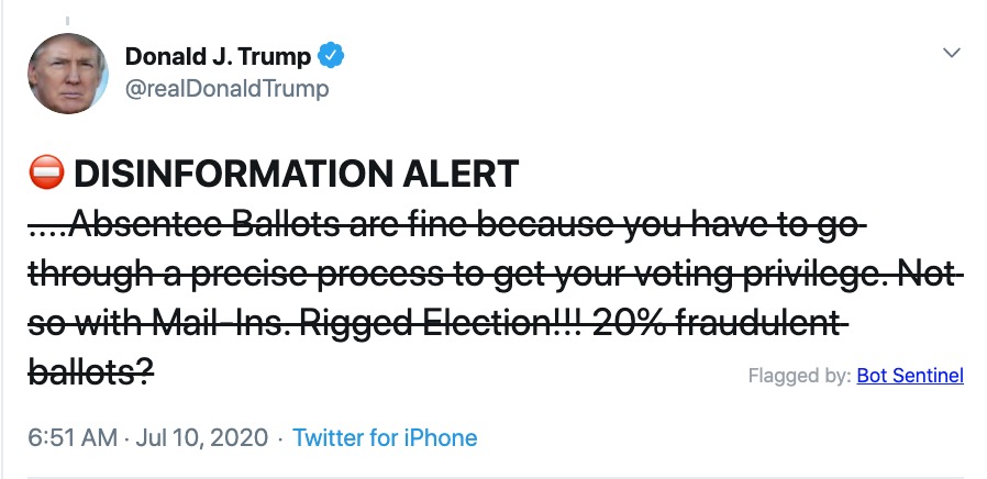 A screenshot of a tweet form Donald Trump with the text crossed out and a "disinformation alert" flag.
