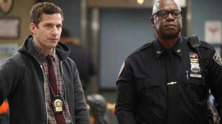 Andy Samberg as Jake Peralta, Andre Braugher as Ray Holt look disapproving.