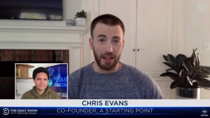 Chris Evans appears on the Daily Show over video chat.