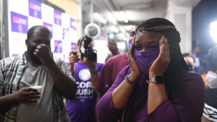 Missouri Democratic congressional candidate Cori Bush celebrates with friends and family at her campaign office