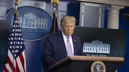 Donald Trump pouts during a press briefing.