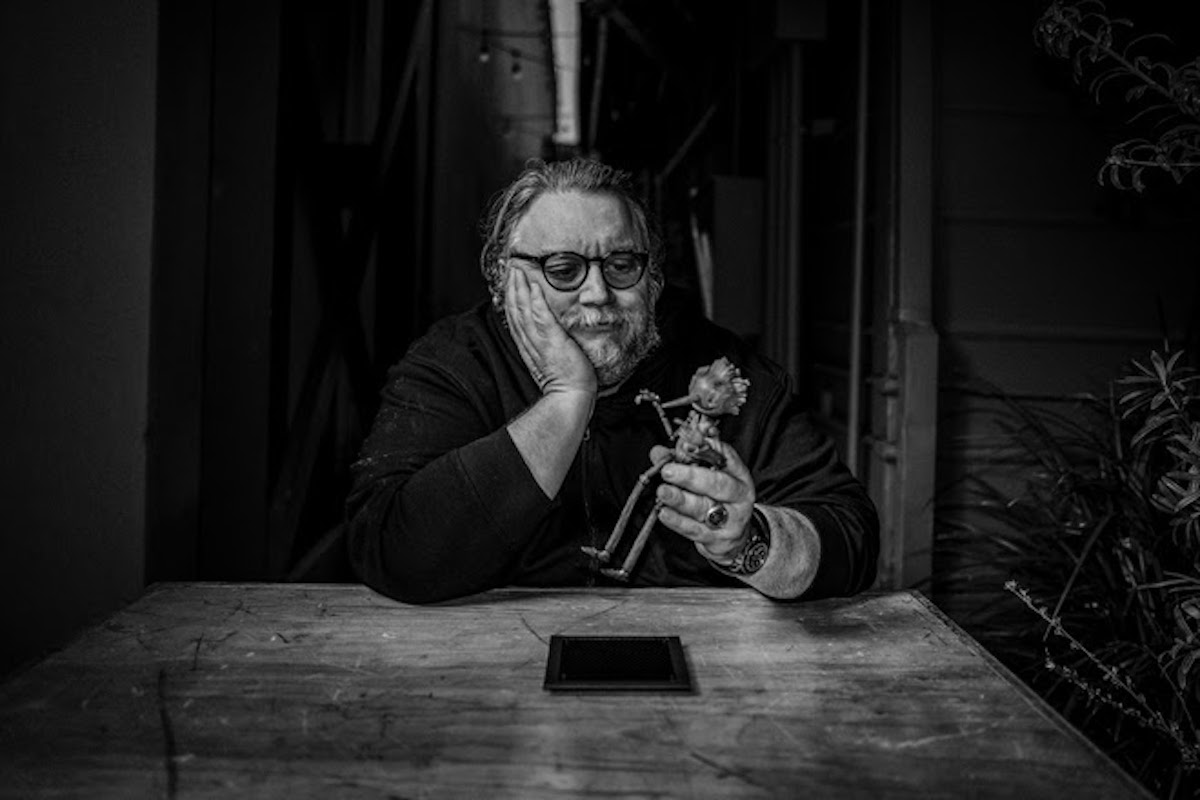 Guillermo del Toro with the stop motion puppet for Pinocchio