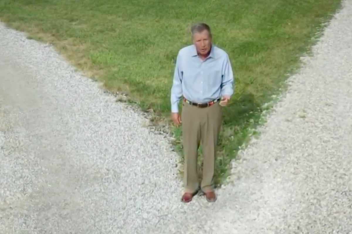 In this screenshot from the DNCC‚Äôs livestream of the 2020 Democratic National Convention, Republican, Former Ohio Governor John Kasich stands in a field.