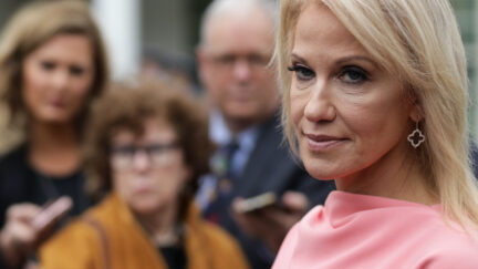 counselor Kellyanne Conway speaks to members of the media outside the West Wing of the White House