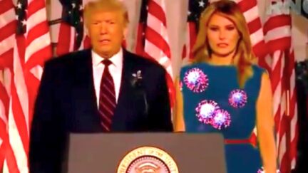 Melania Trump green screen dress with coronavirus put on it.