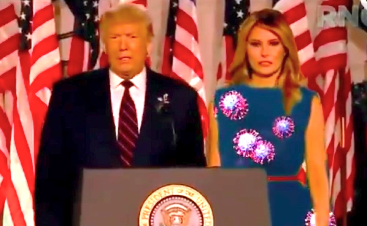 Melania Trump green screen dress with coronavirus put on it.