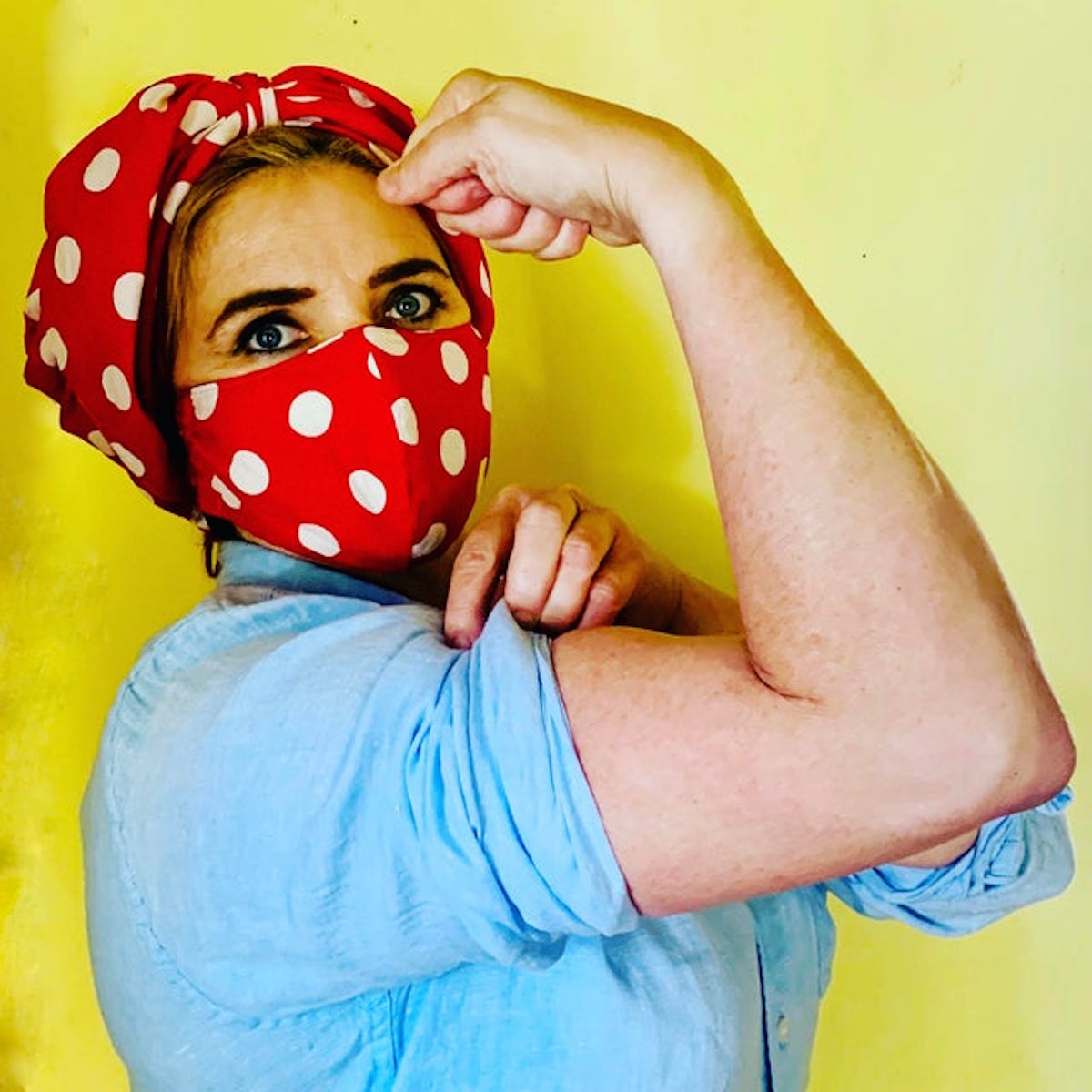 Modern Rosie the Riveter with face mask