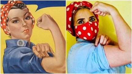 Rosie the Riveter wears a face mask