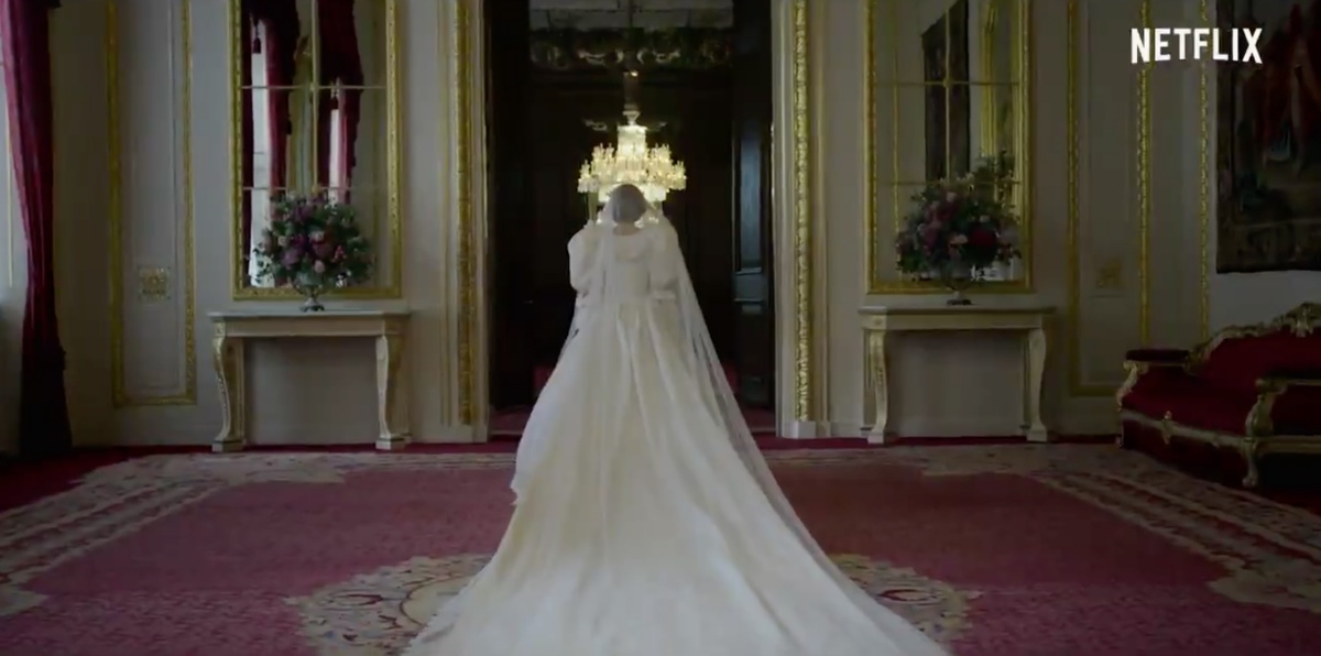 diana in her famous wedding dress for the crown promo