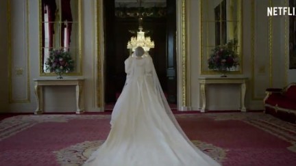 diana in her famous wedding dress for the crown promo