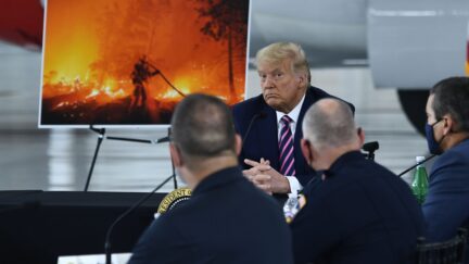 US President Donald Trump(C) listens to California Governor Gavin Newsom(D-CA) at Sacramento McClellan Airport in McClellan Park, California on September 14, 2020 during a briefing on wildfires. (Photo by Brendan Smialowski / AFP) (Photo by BRENDAN SMIALOWSKI/AFP via Getty Images)