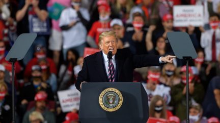MOON TOWNSHIP, PA - SEPTEMBER 22: President Donald Trump speaks at a campaign rally at Atlantic Aviation on September 22, 2020 in Moon Township, Pennsylvania. Trump won Pennsylvania by less than a percentage point in 2016 and is currently in a tight race with Democratic nominee, former Vice President Joe Biden. (Photo by Jeff Swensen/Getty Images)