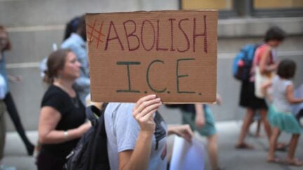 Demonstrators march through downtown calling for the abolition of the U.S. Immigration and Customs Enforcement (ICE) on August 16, 2018 in Chicago, Illinois.