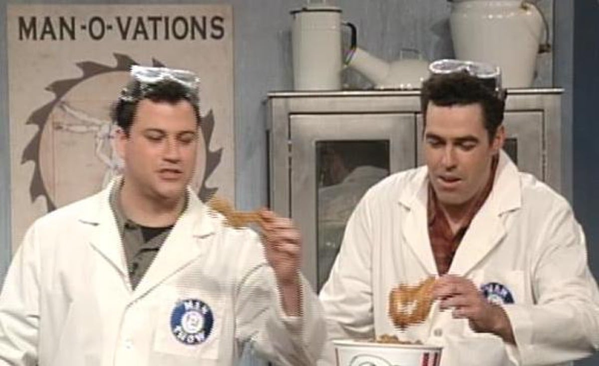 Adam Carolla and Jimmy Kimmel on The Man Show, pretending to be inventors.