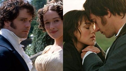 Colin Firth and Jennifer Ehle in Pride and Prejudice (1995)//Keira Knightley and Matthew Macfadyen in Pride & Prejudice (2005)