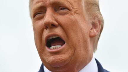 Donald Trump shouts in a close-up of his face.