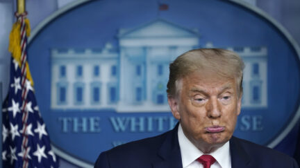 Donald Trump makes a pouty face during a press briefing.