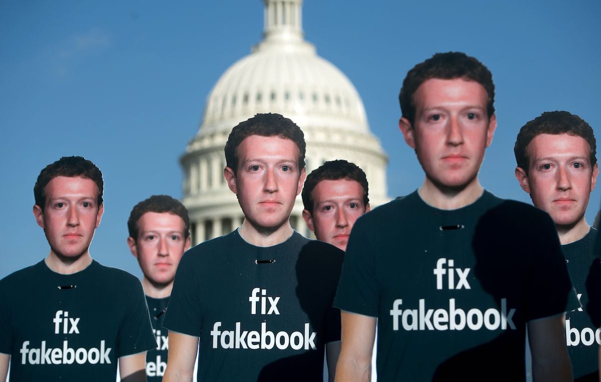 In a 2018 protest of misinformation on Facebook, 100 cardboard cutouts of Mark Zuckerberg were placed in front of the US Capitol Building.