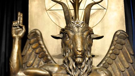 The Baphomet statue is seen in the conversion room at the Satanic Temple