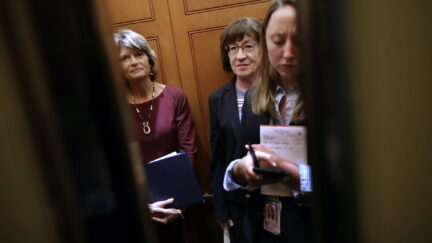 Sen. Lisa Murkowski (R-AK) (L) and Sen. Susan Collins (R-ME) share an elevator