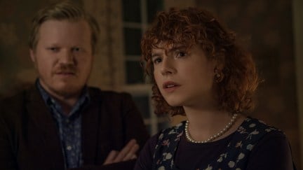 Jesse Plemons as Jake, Jessie Buckley as Young Woman staring intently in Im Thinking Of Ending Things