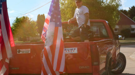A Donald Trump supporter is seen during a Black Lives Matter protest on August 17, 2020 in Oshkosh, Wisconsin