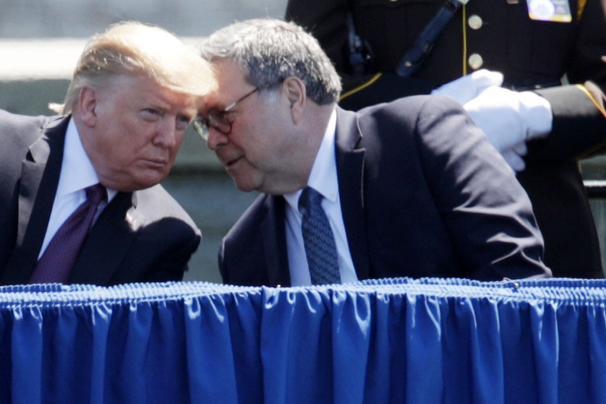 Donald Trump listens as Attorney General William Barr speaks into his ear.