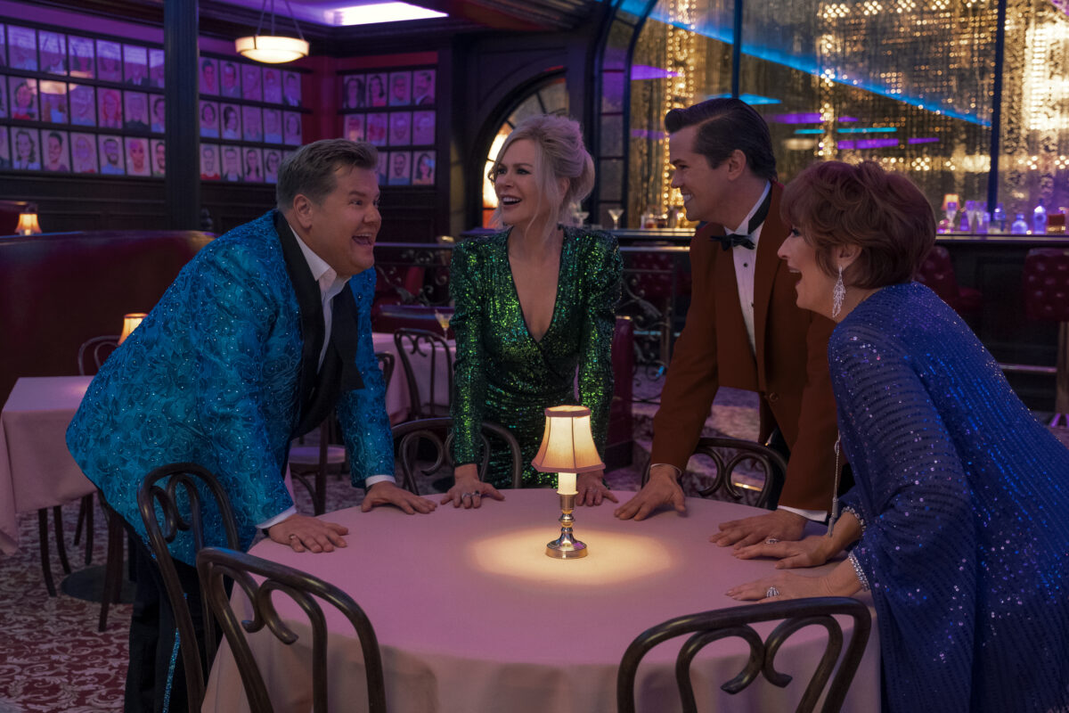 THE PROM (L to R) JAMES CORDEN as BARRY GLICKMAN, NICOLE KIDMAN as ANGIE DICKINSON, ANDREW RANNELLS as TRENT OLIVER, MERYL STREEP as DEE DEE ALLEN in THE PROM. Cr. MELINDA SUE GORDON/NETFLIX © 2020