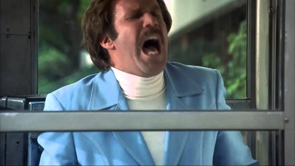 ron Burgundy yelling in the glass case of emotion