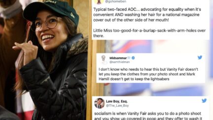 Tweets sarcastically mocking those criticizing Alexandria Ocasio-Cortez overlaid over a picture of the congresswoman in a baseball cap.