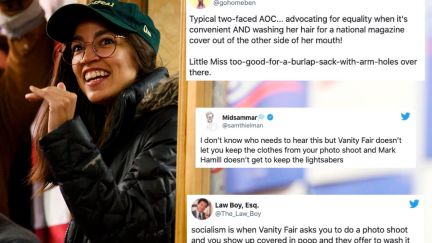 Tweets sarcastically mocking those criticizing Alexandria Ocasio-Cortez overlaid over a picture of the congresswoman in a baseball cap.