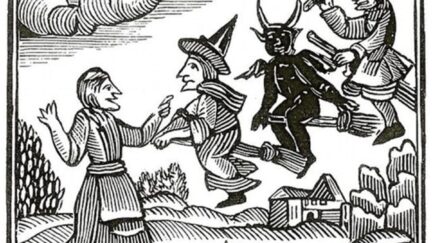 woodcut of witches flying and the devil