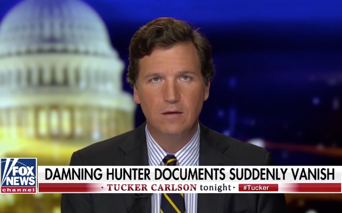 Tucker Carlson gapes over a chyron reading "Damning Hunter documents suddenly vanish."