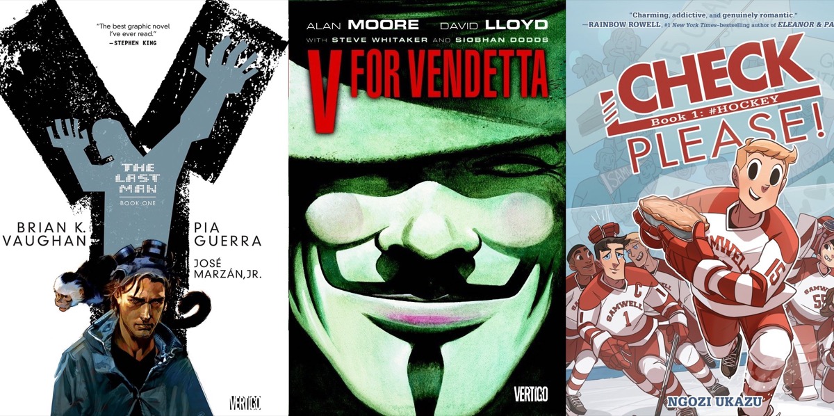 Graphic novel covers for Y: The Last Man, V for Vendatta, and Check Please!