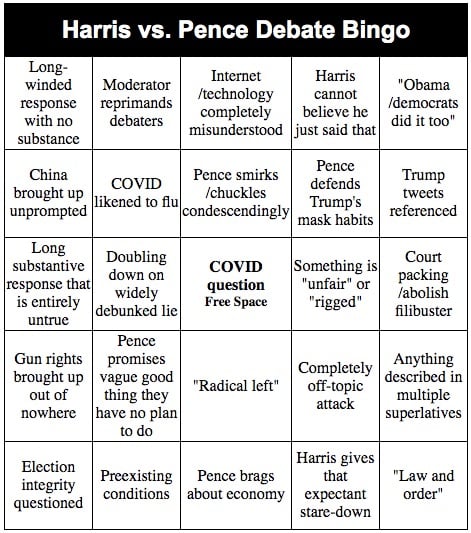 A Bingo card for the 2020 election Vice Presidential debate.