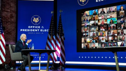 US President-elect Joe Biden participates in a virtual meeting with the United States Conference of Mayors at the Queen in Wilmington, Delaware, on November 23, 2020. - US President-elect Joe Biden on Monday named the deeply experienced Antony Blinken for secretary of state, also nominating the first female head of intelligence and a czar for climate issues, with a promise to a return to expertise after the turbulent years of Donald Trump. (Photo by CHANDAN KHANNA / AFP) (Photo by CHANDAN KHANNA/AFP via Getty Images)