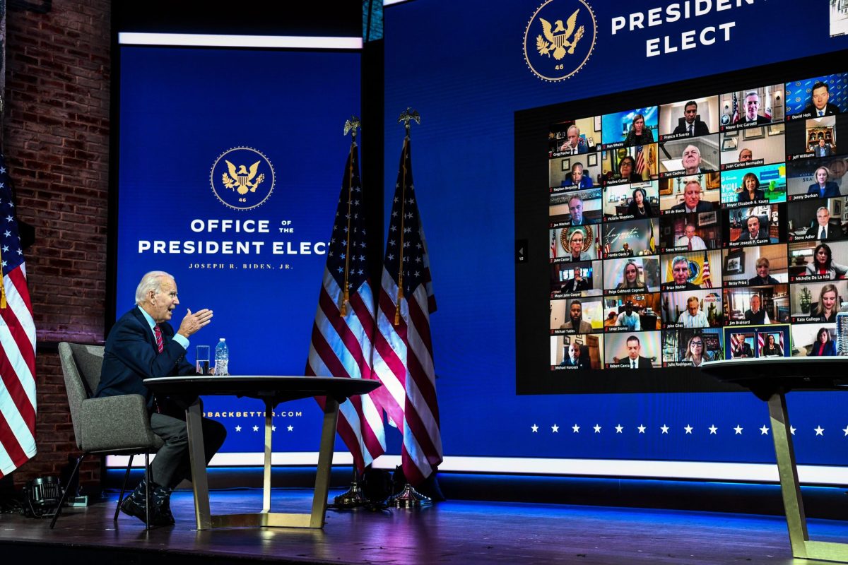 US President-elect Joe Biden participates in a virtual meeting with the United States Conference of Mayors at the Queen in Wilmington, Delaware, on November 23, 2020. - US President-elect Joe Biden on Monday named the deeply experienced Antony Blinken for secretary of state, also nominating the first female head of intelligence and a czar for climate issues, with a promise to a return to expertise after the turbulent years of Donald Trump. (Photo by CHANDAN KHANNA / AFP) (Photo by CHANDAN KHANNA/AFP via Getty Images)