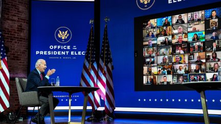 US President-elect Joe Biden participates in a virtual meeting with the United States Conference of Mayors at the Queen in Wilmington, Delaware, on November 23, 2020. - US President-elect Joe Biden on Monday named the deeply experienced Antony Blinken for secretary of state, also nominating the first female head of intelligence and a czar for climate issues, with a promise to a return to expertise after the turbulent years of Donald Trump. (Photo by CHANDAN KHANNA / AFP) (Photo by CHANDAN KHANNA/AFP via Getty Images)