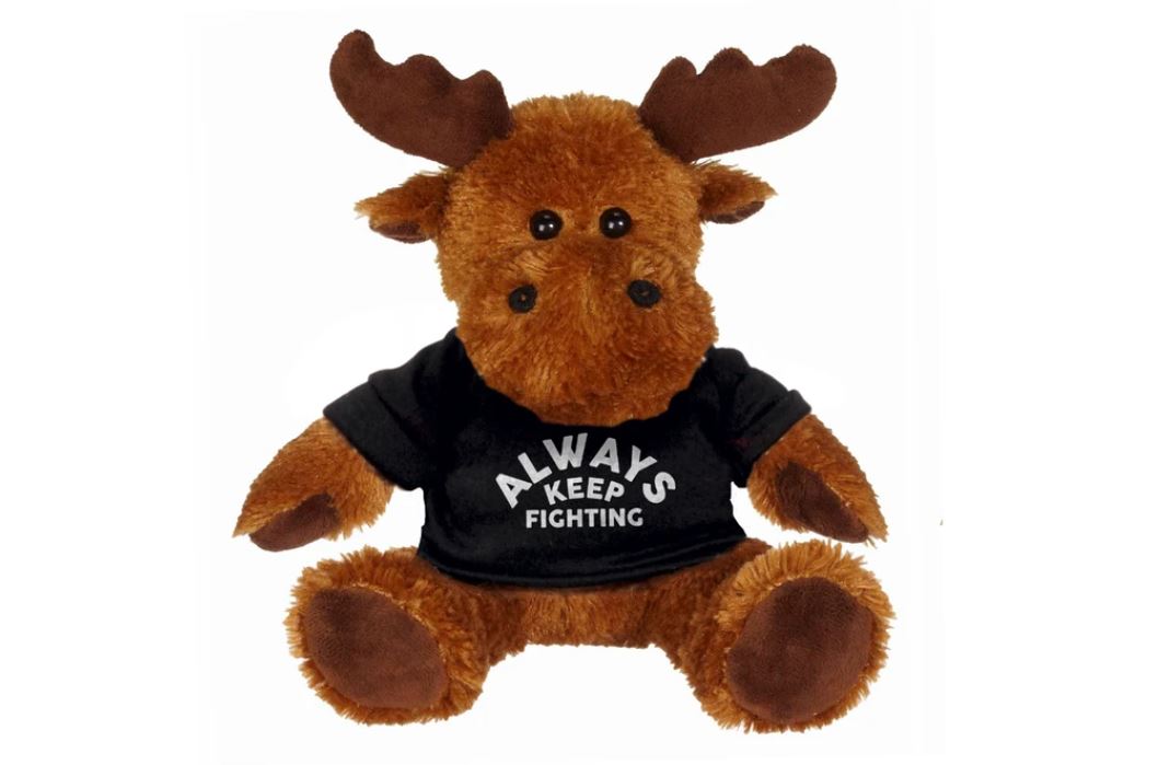 a stuffed moosein a shirt saying always keepfighting