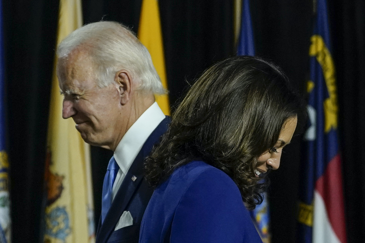 Joe Biden invites his running mate Sen. Kamala Harris (D-CA) to the stage to deliver remarks