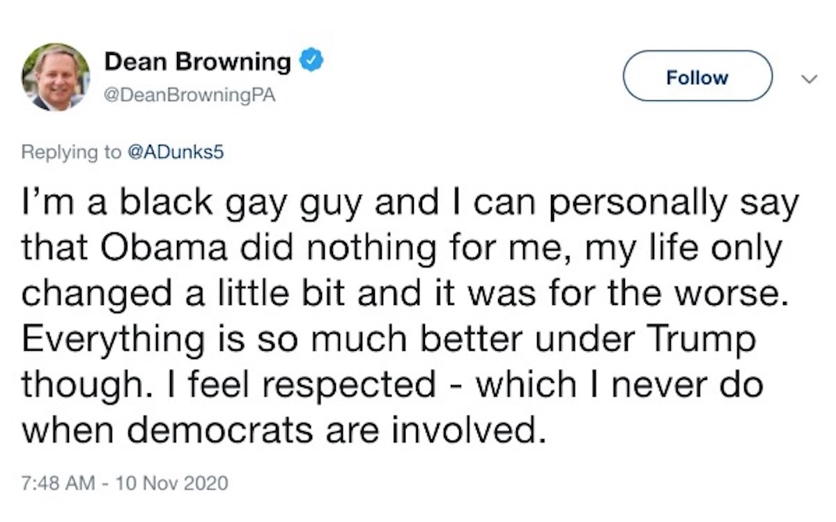 A tweet from Dean Browning, a white man, claims to be a "black gay guy."