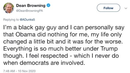 A tweet from Dean Browning, a white man, claims to be a 