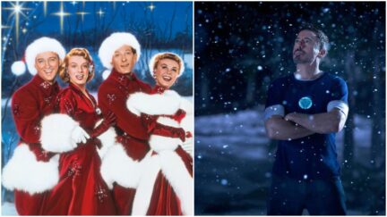 collage: white christmas couples and tony strak in iron man 3
