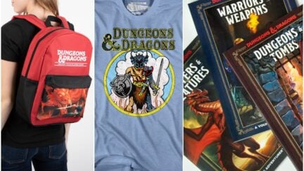A backpack, t-shirt, and book collection from our D&D gift guide.