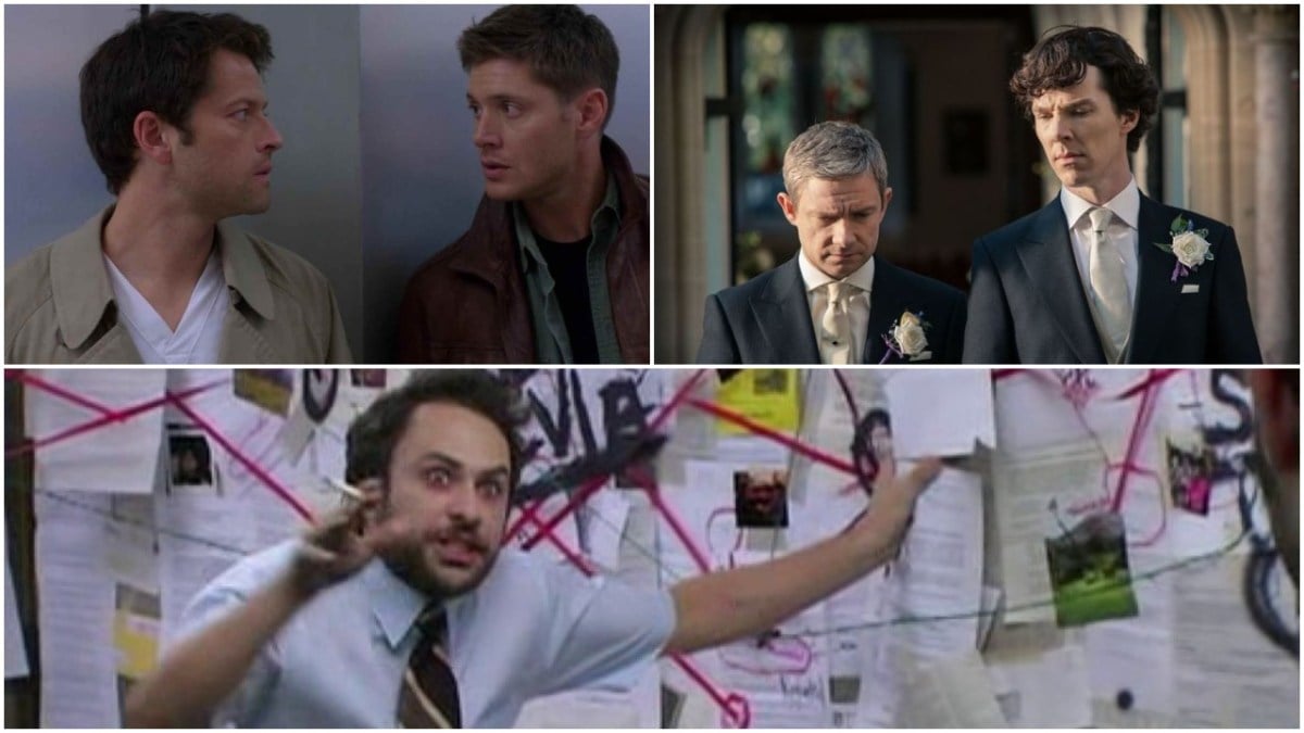 collage of johnlock destiel and the conspiracy guy from always sunny