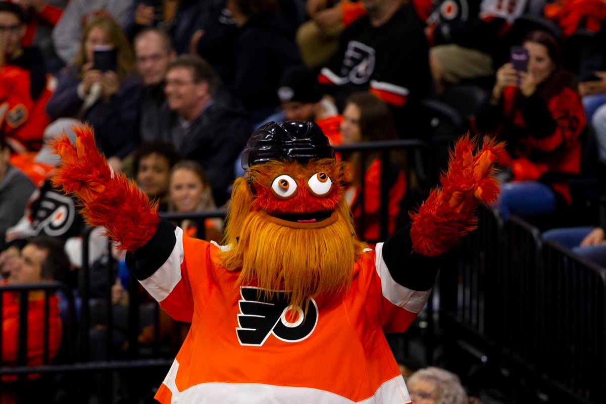 PHILADELPHIA, PA - OCTOBER 09: Philadelphia Flyers mascot Gritty reacts in the third period against the New Jersey Devils at the Wells Fargo Center on October 9, 2019 in Philadelphia, Pennsylvania. The Flyers defeated the Devils 4-0.