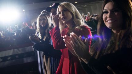 Lara Trump, Senior Advisors Jared Kushner and Ivanka Trump, Kimberly Guilfoyle, and others clap for Donald Trump at a rally.