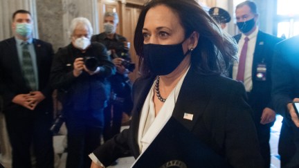 US Vice President-elect and Senator (D-CA) Kamala Harris arrives for a vote on the Senate floor of the US Capitol