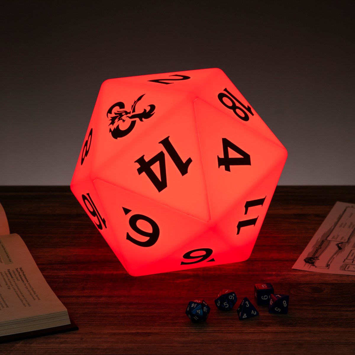 A D&D color-changing light shaped like a D20